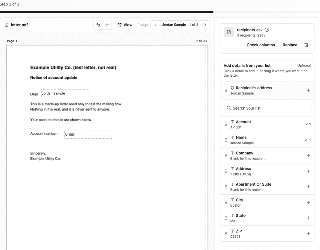 The Add recipients step, with a letter that has a person's name placed after "Dear" and an account number placed after "Account number:", and the spreadsheet's columns listed on the right
