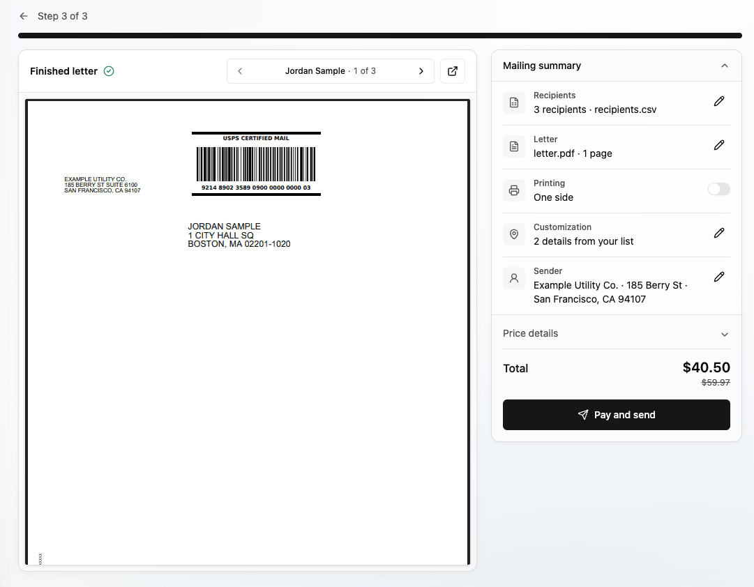 The Review your mailing step, with the finished letter on the left and the mailing summary on the right showing 2 details from your list