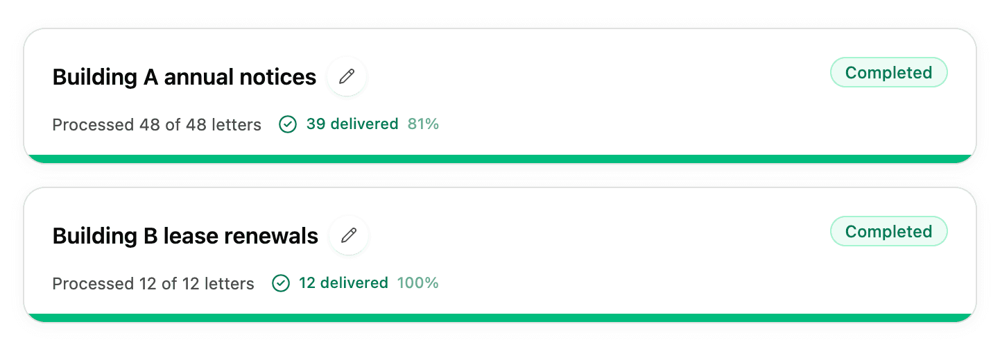 Two completed campaigns on the Campaigns page, each showing how many letters were processed and delivered