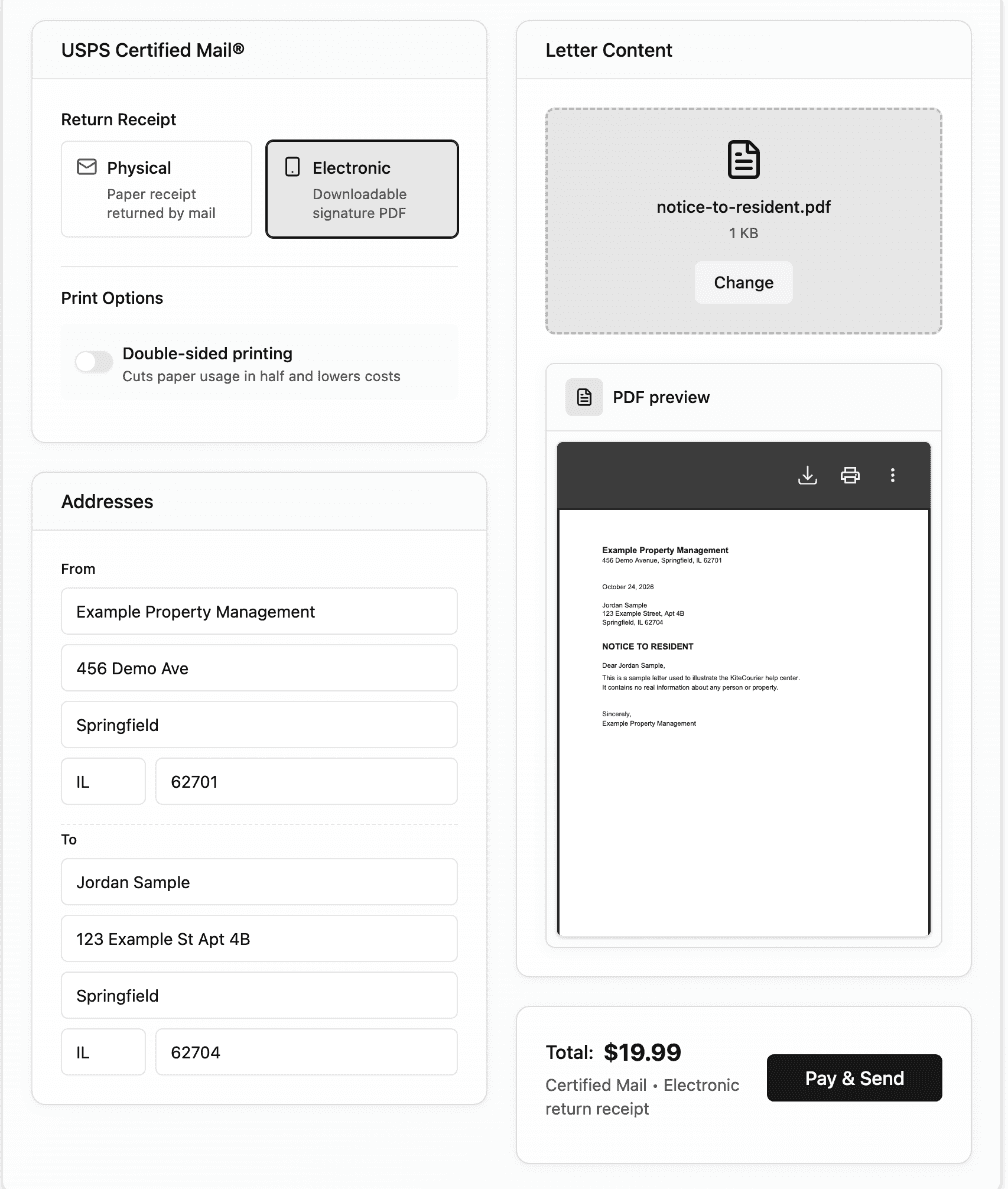 The Send Letter form with Electronic return receipt selected, From and To addresses filled in, a PDF uploaded, and a total of $19.99